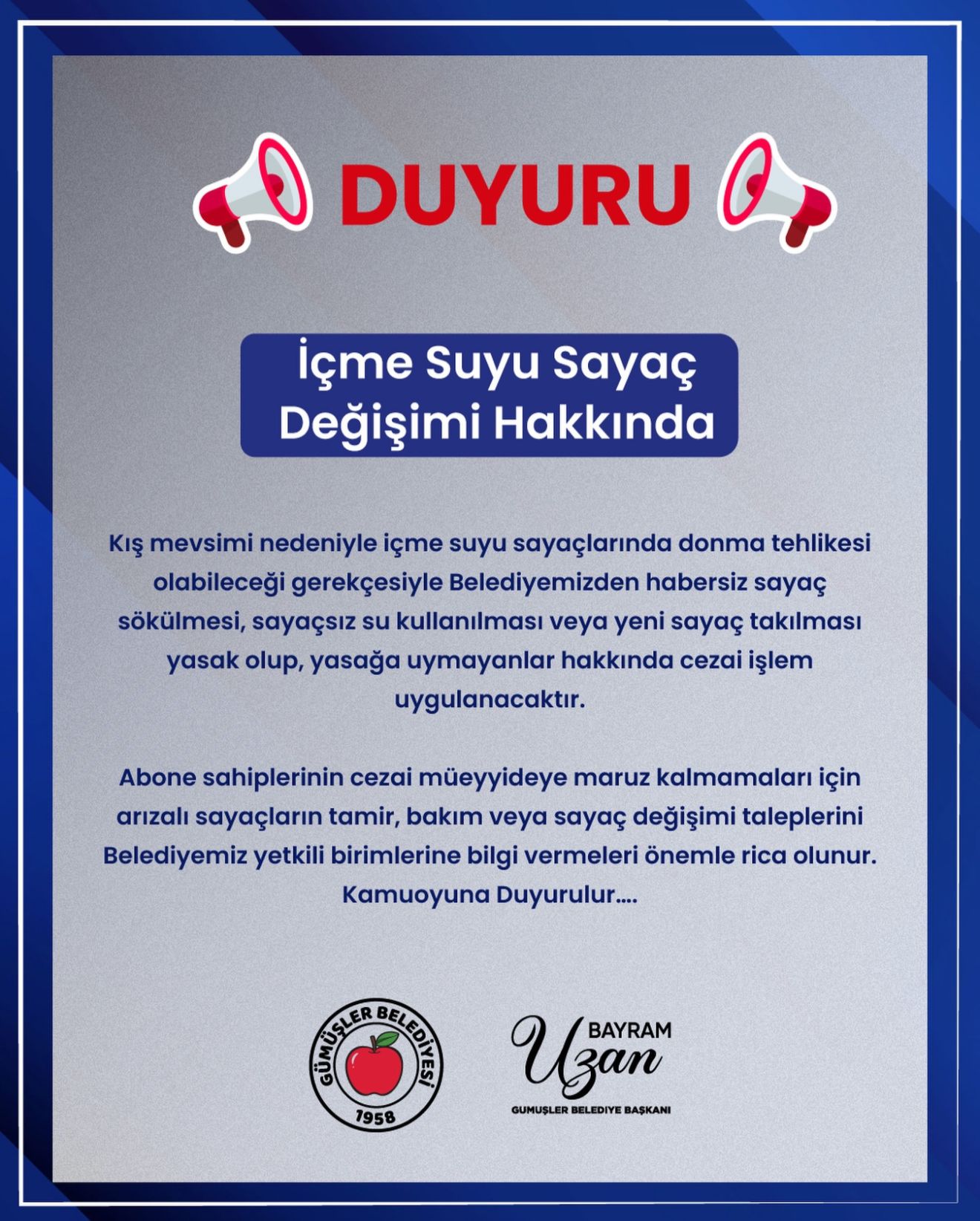 İÇME SUYU SAYAÇ DEĞİŞİMİ HAKKINDA DUYURU !!!